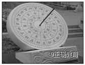 日晷由晷针和晷面组成,晷针垂直晷面,安放在石台上,南高北低,顶部指向