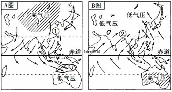 a,b两图分别表示亚洲一月和七月的季风示意图,其中a表示