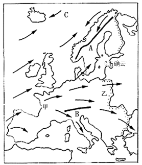 2.欧洲西部的盛行风向是风,它来自洋.3.c处所在的风带是.4.图中