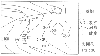 图为某旅游景区的局部等高线图,图中有两处瀑布(一般发育在陡崖处)