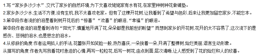 一棵会开花的树 李文宏 我老家的小山村位于科尔沁沙地的边缘,童年的记忆里就是多沙少水。村子的前面也有一条河,可是这条河除了发洪水之外几乎常年干涸。村子里只有一眼深水井,遇到天旱,它能干到连一碗水也打不上来。多数的时候,人们吃水只能到二里多地外的一个山泉去挑水吃。 同样是农村,住在几十里外的姥姥家就不同了,姥姥家不是沙地,有水的地方自然不缺少绿色,再加上姥爷身体好又勤劳,姥姥家的院子不仅栽着杏树等,种着黄瓜、西红柿,最令人羡慕的是姥姥家的窗前有一个大花池,从春到夏开满了鲜艳的花朵,招蜂引蝶。而妈妈所在的学